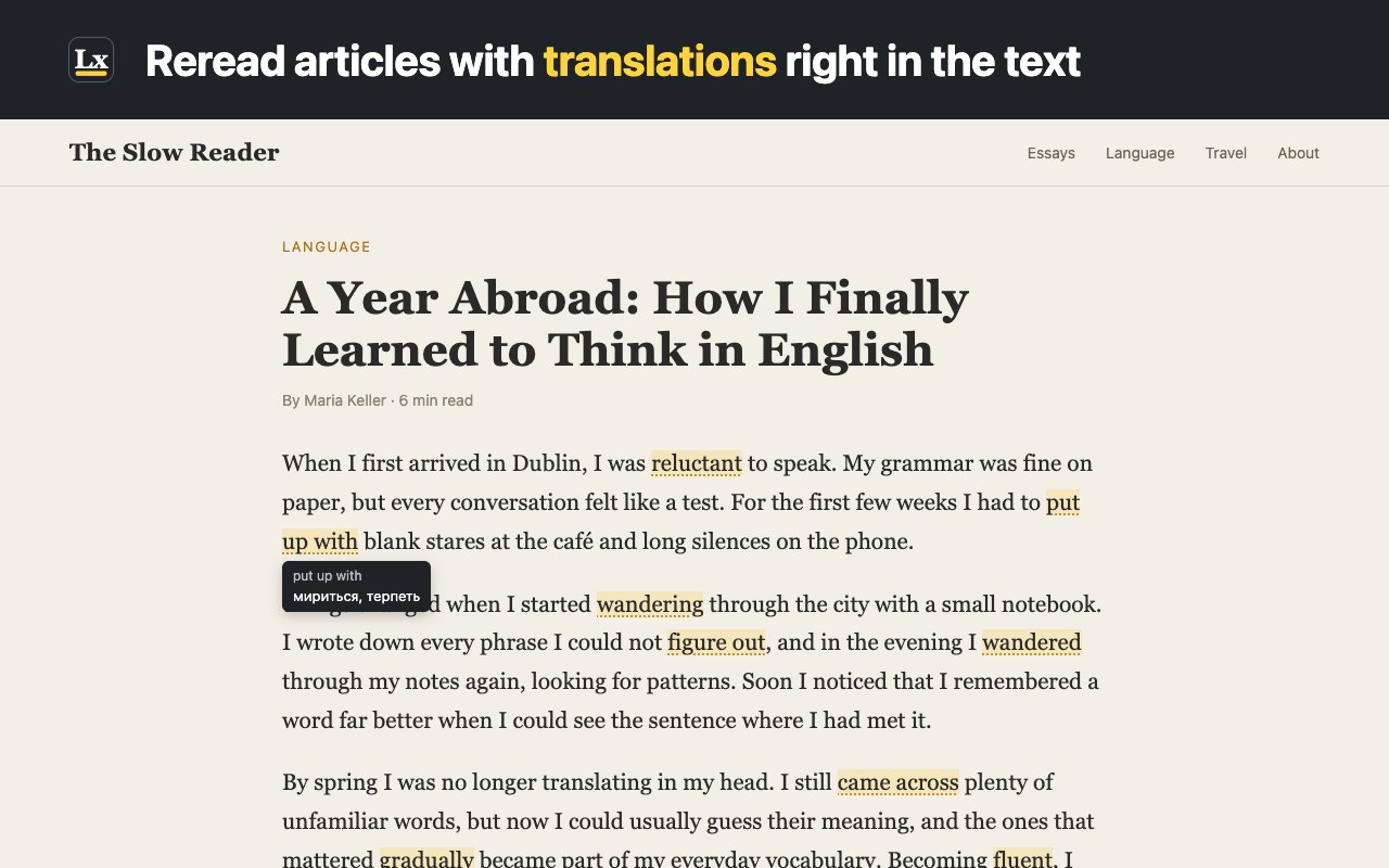 Lexbox highlighting saved words in an article, with a translation tooltip