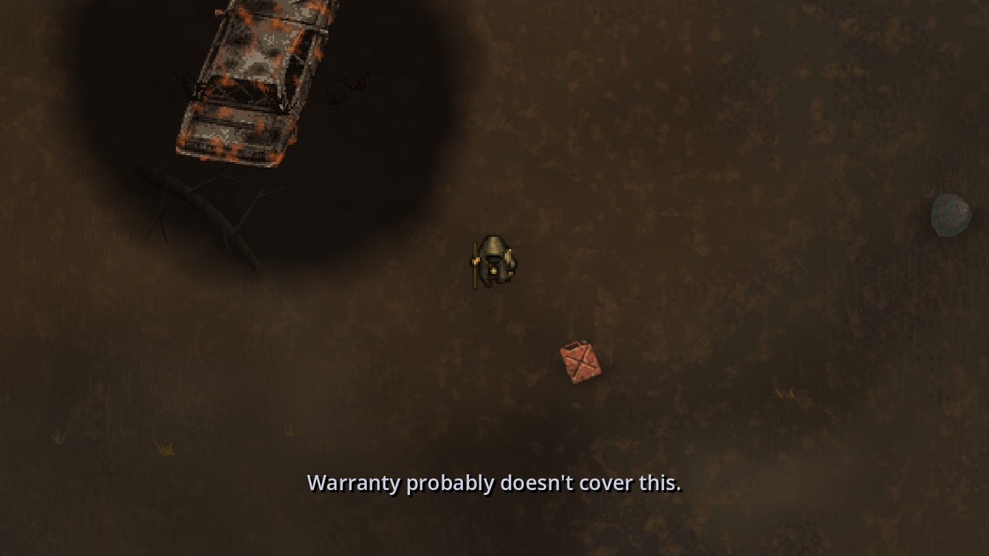 A burnt-out car with a rusted hull and a fuel can