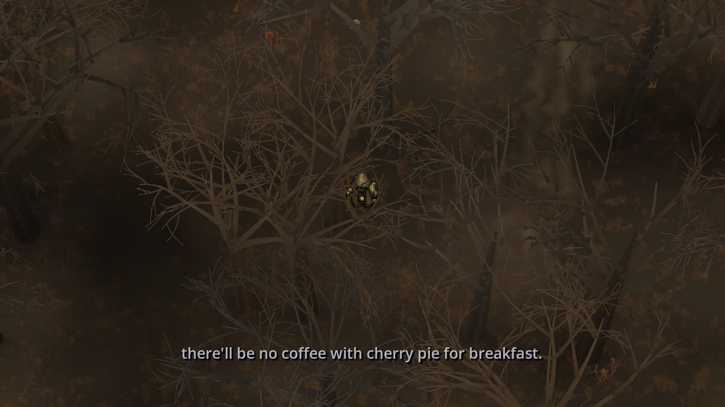 Too Far Gone — the player crossing the Dead Forest, a top-down pixel-art wasteland
