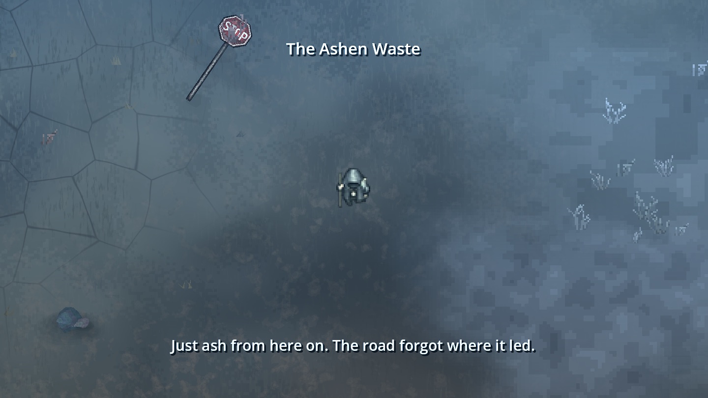 The Ashen Waste with a leaning STOP sign and telephone poles