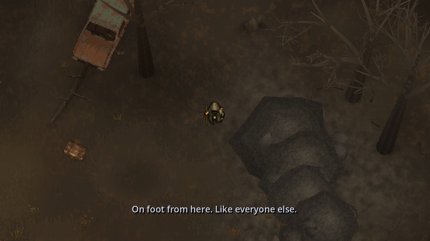A rusted car wreck with a thrown suitcase and a torn-off wheel